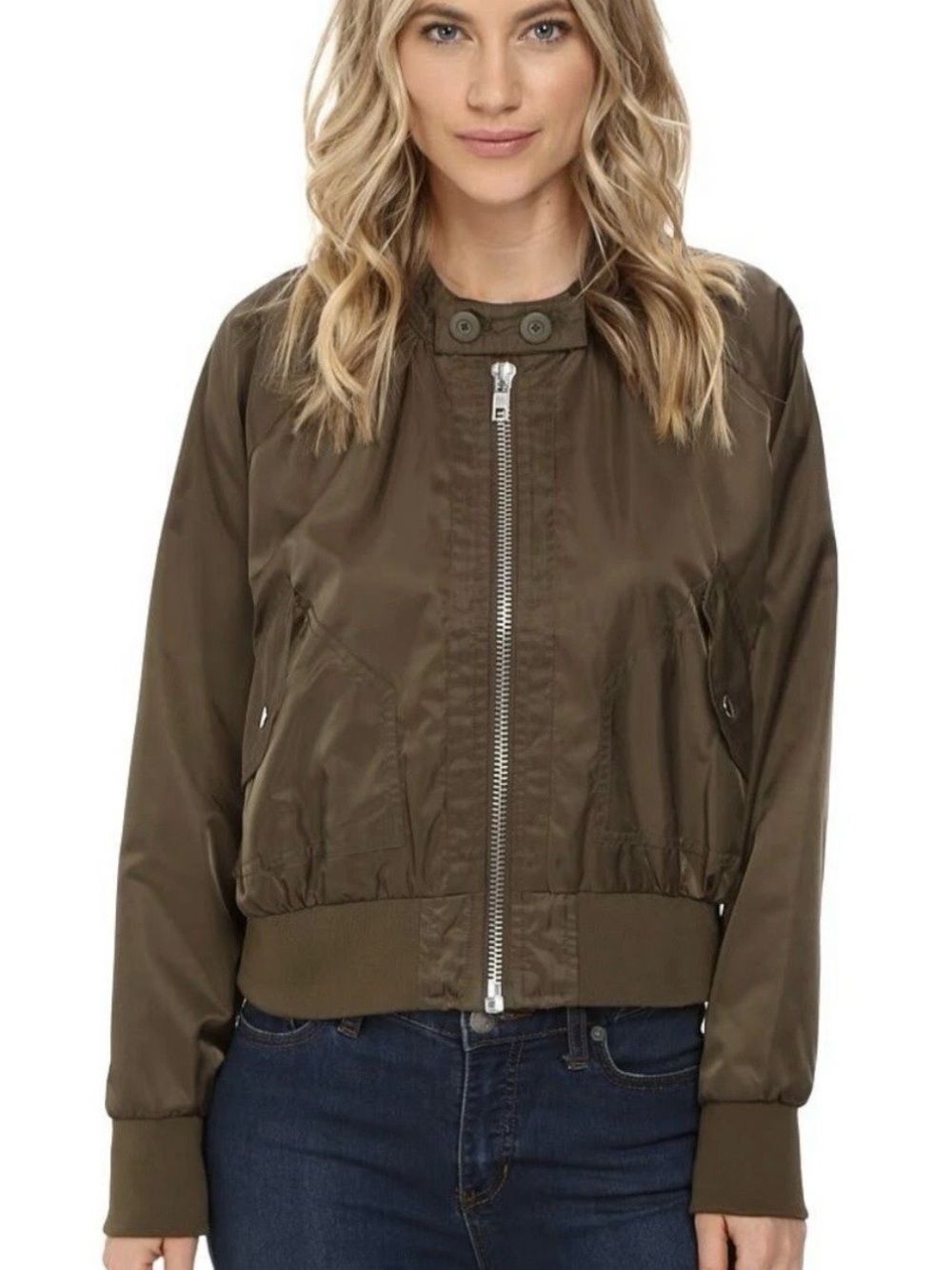 Free People Midnight Bomber Jacket Green Oversized Zip Front Utility Jacket Size